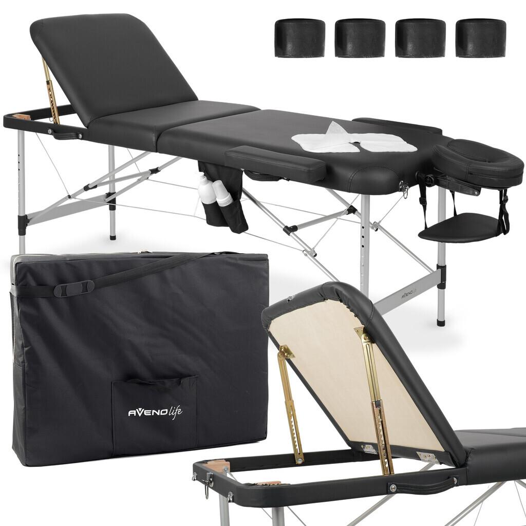 Bærbar massagebriks Adele i sort med aluminiumsstel og justerbart ryglæn