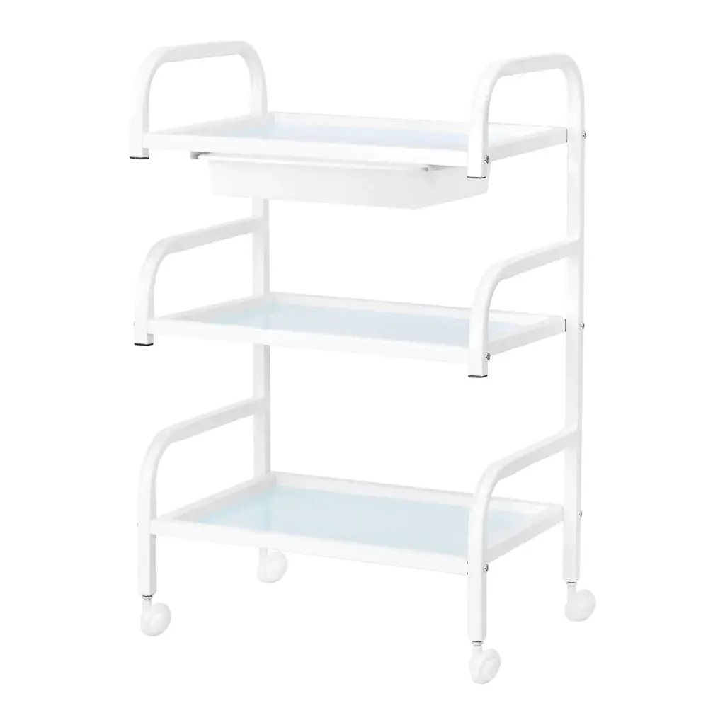 Hvid salonvogn Basic 121 med tre glashylder og fire hjul